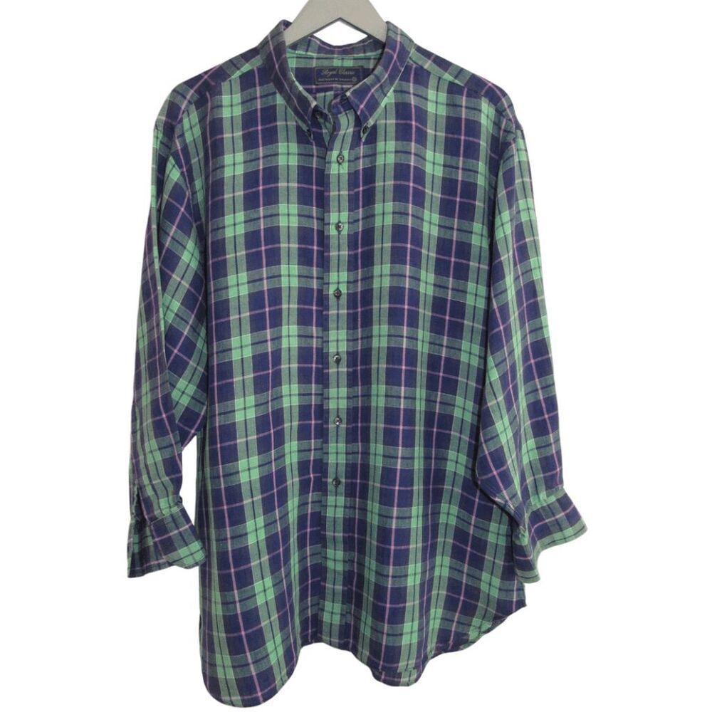 Tom James Royal Classic Hand Tailored Linen Navy &‎ Green Plaid Shirt